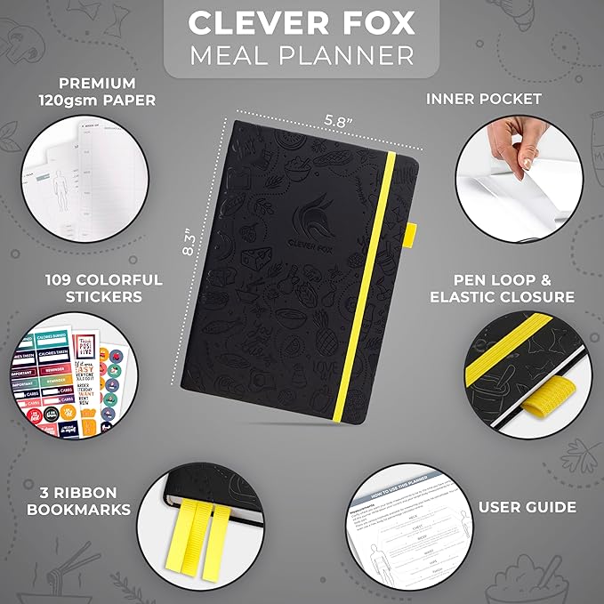 Clever Fox Weekly Meal Planner - Weekly & Daily Meal Prep Journal with Shopping and Grocery Lists for Menu Planning, Healthy Diet & Weight Loss Tracking, Lasts 1 Year, Undated, A5 - Black-DeskLoop Office
