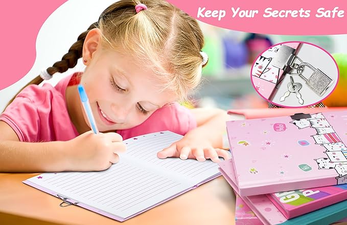 Cat Diary with Lock for Girls, 7x5.25 Inches 160 Lined Pages Secret Kids Diary Cute Cats Journal with Lock and Keys Notebook for Girls Birhtday Gifts for 5-10 Years Old-DeskLoop Office