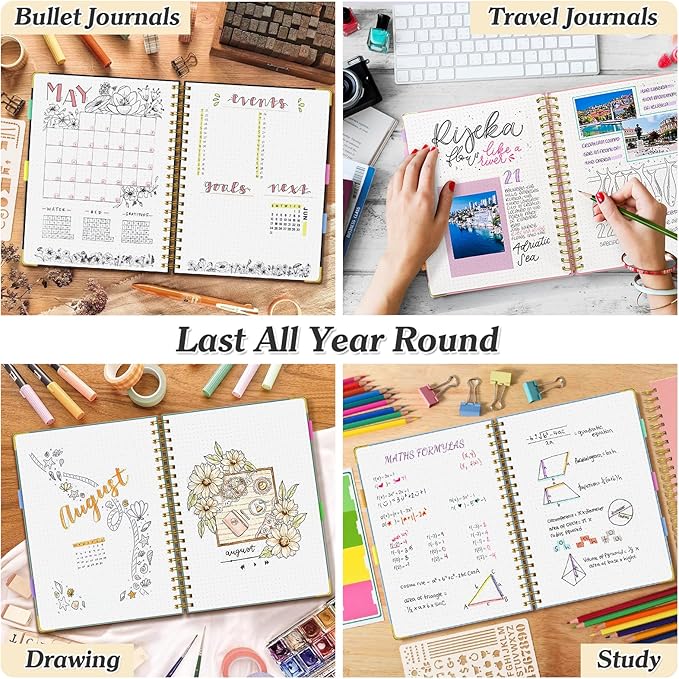 Bullet Dotted Journal Spiral Notebook, 300 Pages Leather Notebooks with Contens, 120 GSM Thick No Bleed Through Paper Journals, A5 Dot Grid Notebook for Women Men Work Writing, 5.5" x 8", Light Blue-DeskLoop Office