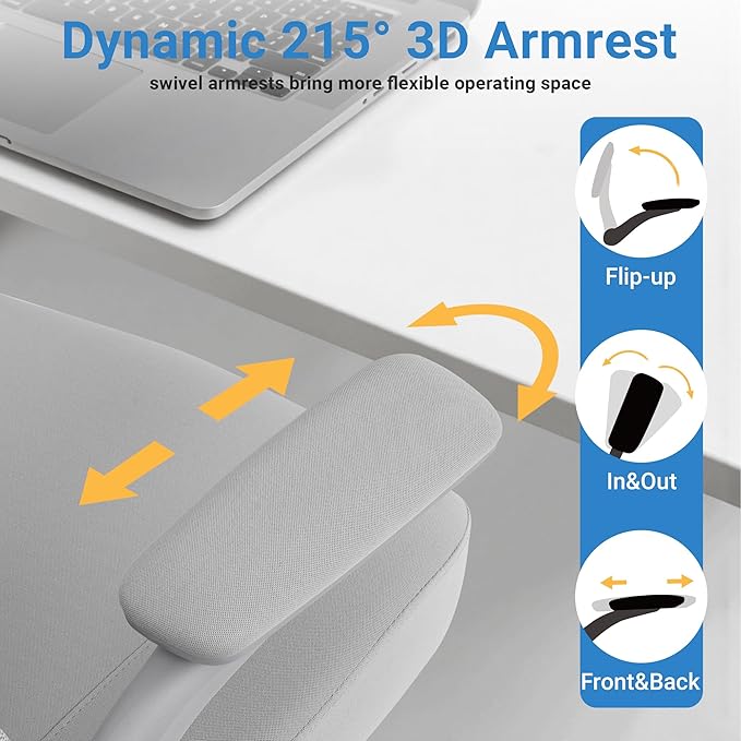 HYLONE Heavy Duty Office Chair, 5" Thickened Seat Ergonomic Desk Chair with Adjustable Armrests, Home Office Computer Chairs for Long Hours Mesh Executive Chair(Grey)-DeskLoop Office