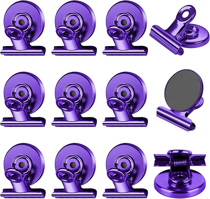 FINDMAG 12 Pack Magnetic Clips for Photo Display and Picture Hanging, Strong Fridge Magnets, Scratch-Free Heavy Duty Magnet Clips for Whiteboard, Kitchen, Office, School, Purple, 30mm Wide.-DeskLoop Office