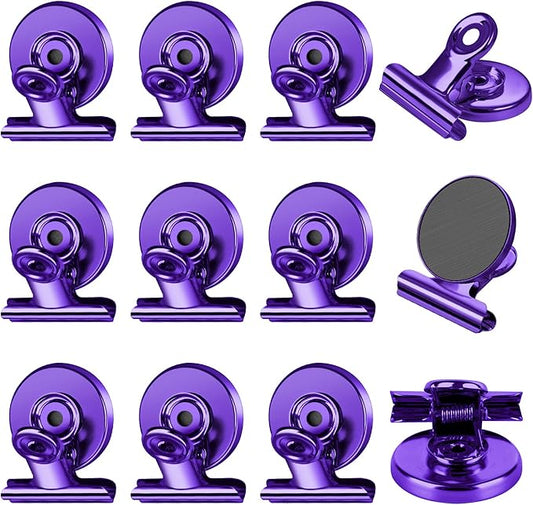 FINDMAG 12 Pack Magnetic Clips for Photo Display and Picture Hanging, Strong Fridge Magnets, Scratch-Free Heavy Duty Magnet Clips for Whiteboard, Kitchen, Office, School, Purple, 30mm Wide.-DeskLoop Office