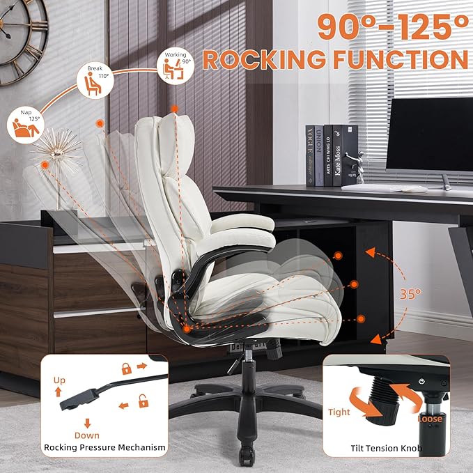 Big and Tall Office Chair 500lbs Wide Seat Executive Office Desk Chair High-Back Office Task Chair with Flip-Up Armrest, Ergonomic Lumbar Support Computer Office Chairs for Heavy People(White)-DeskLoop Office