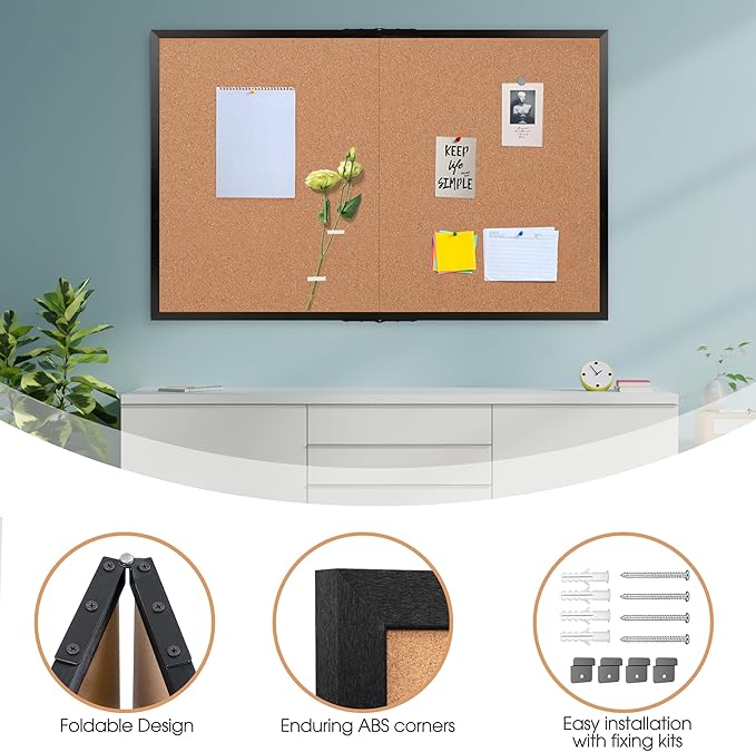 Board2by Extra Large Cork Bulletin Board 60" X 36", Foldable Notice Pin Board for Wall, Black Wood Framed 5'x3' Corkboard, Wall Mounted Noticeboard with 36 Push Pins for School, Home & Office-DeskLoop Office