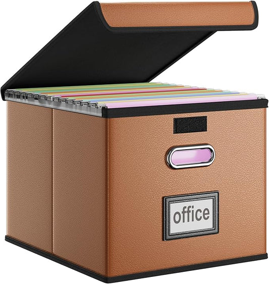 Huolewa Faux Leather File Organizer Box with Lid, Collapsible Hanging File Folder Box Organizer with Plastic Slides, Decorative Home/Office Filing System Boxes for File and Folder Storage-DeskLoop Office