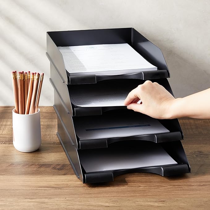 Stockroom Plus Letter Trays - 4-Pack, Black, 10 x 13.5 x 2.5 in - Stackable Paper Trays & Desktop File Organizer - Mail Organizer & Document Storage-DeskLoop Office