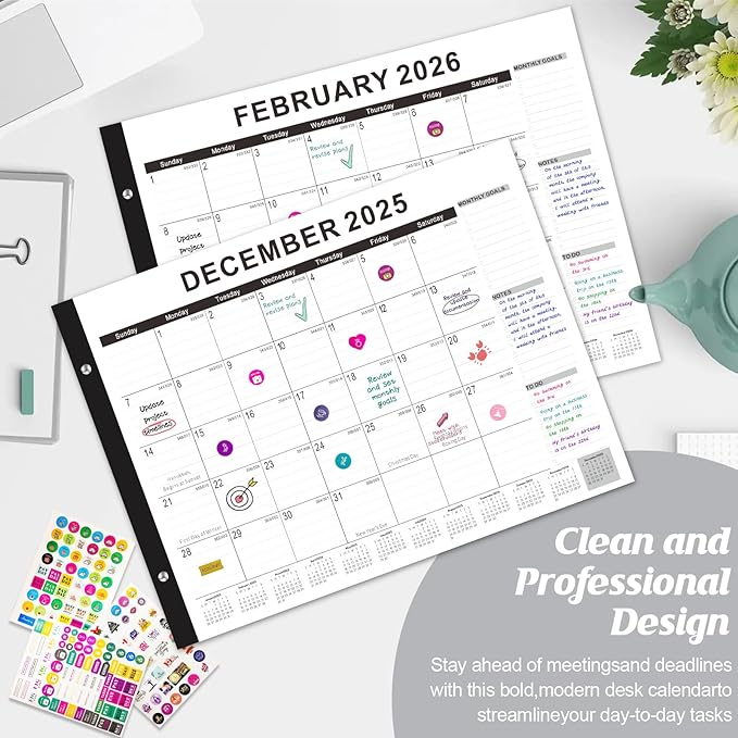 Gannyfer Desk Calendar 2025-2026, Large Calendar 2026 22" x 17", July 2025 - Dec 2026, 18 Monthly Academic Desktop Pad Calendar with Plastic Cover, Thick Paper, for Planning and Organizing in Office, School, Family(6 Stickers)-DeskLoop Office