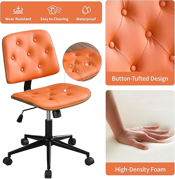 Small Home Office Chair - Armless Mid Back Desk Chair with 360° Swivel and Wheels, PU Upholstered Height Adjustable Modern Walnut Computer Chair for Home, Office Meeting Room - Orange-DeskLoop Office