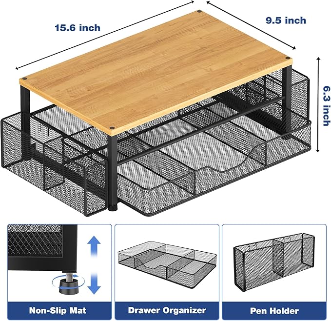 Desk Organizers and Accessories, 2-Tier Computer Monitor Stand with Drawer and 2 Pen Holders, Laptop Stand, Office Desk Accessories for Office Supplies, Oak-DeskLoop Office