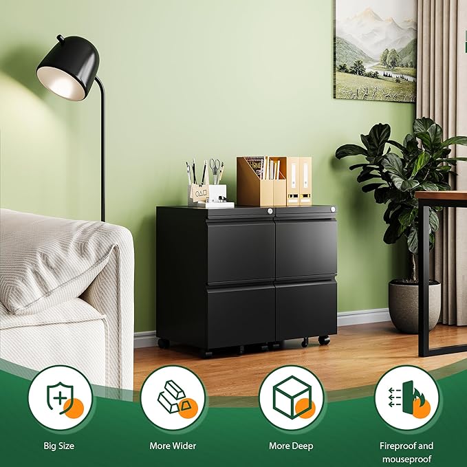 Letaya Mobile File Cabinet with Lock,2 Drawer Under Desk Metal Rolling Filing Cabinets for Home Office Organizer Letters/Legal/A4(Fully Assembled-Black)-DeskLoop Office