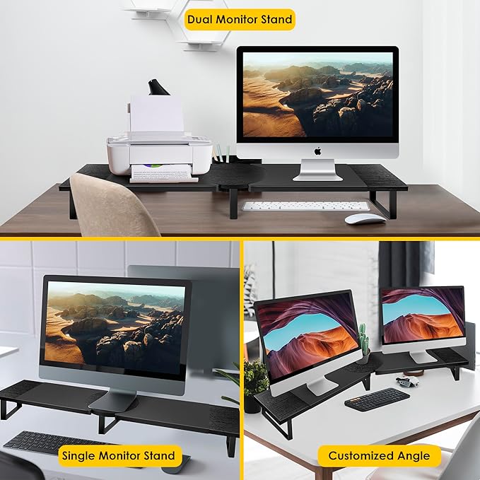 Dual-Monitor Stand for Desk - Large Adjustable Length and Angle Riser for 2 Monitors, Double Computer Desktop Organizer, Shelf for TV, Laptop, Printer-DeskLoop Office