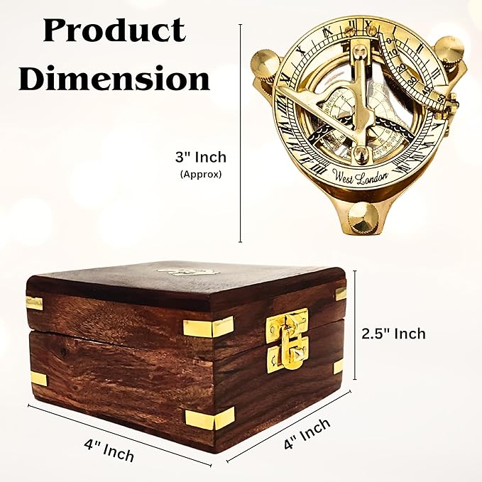 Antique Brass & Copper Sundial Compass, Sundial Clock in Box Gift Sun Clock Ship Replica Watch, Nautical Gifts for Men, Unique Nautical Decor, Naval Maritime Sundial (#4 Golden Sundial)-DeskLoop Office