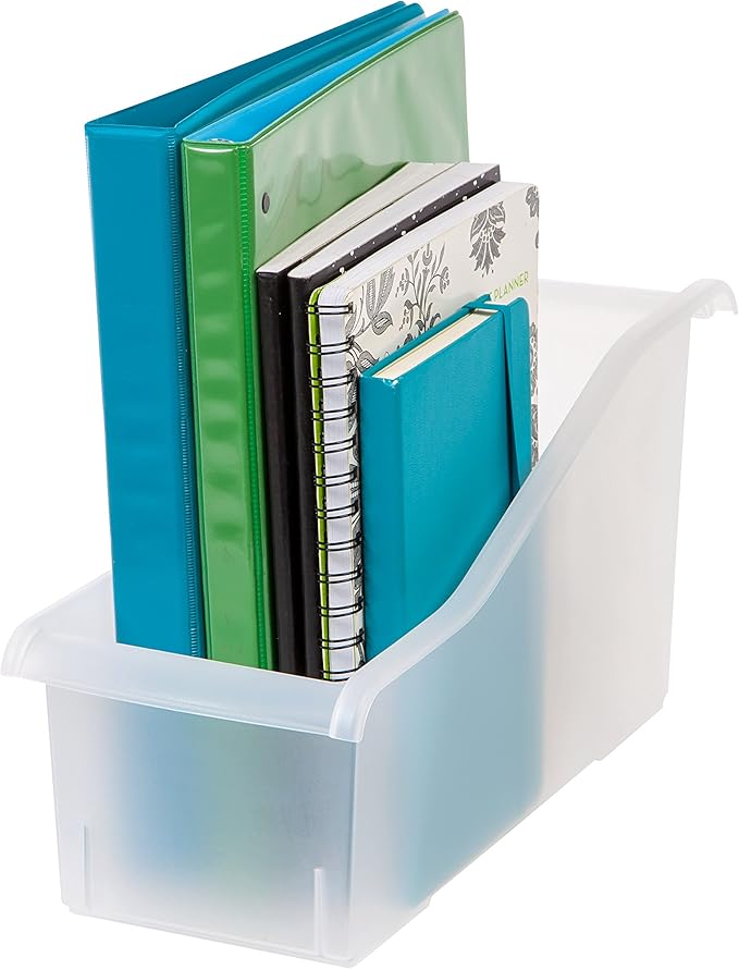 IRIS USA Plastic Book Bin Magazine Holder, 8-Pack, Vertical Standing Connecting Container Box for Office Dorm Study Homework Binder Notebook File Craft Stationery Supplies Organizer Caddy, Clear-DeskLoop Office