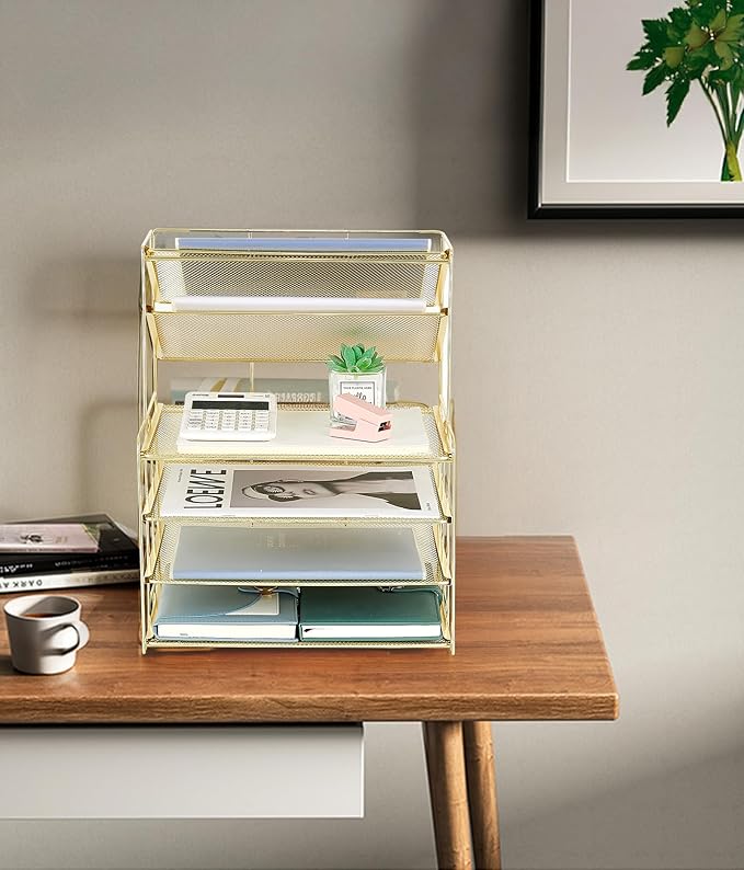 6-Tier Letter Tray Paper Organizer, Desk Organizers and Accessories, Desktop File Organizer, Office Desk Accessories for Office Supplies (Gold)-DeskLoop Office