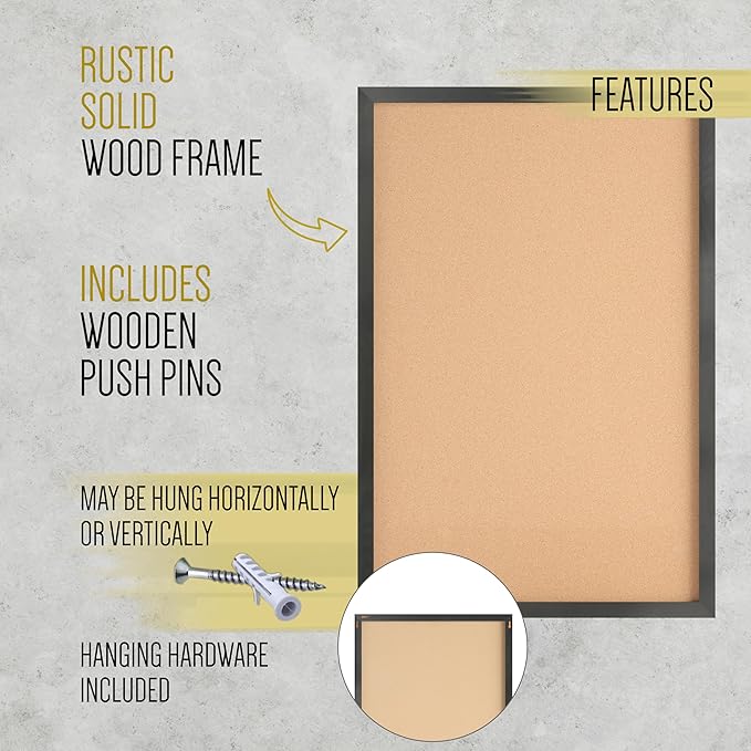 HBCY Creations Wall Mount Black Cork Board - 24" W x 36" H - 6 Wooden Push Pins - Solid Pine Wood Frame - for Kitchen, Classrooms, Restaurant Menus and More!-DeskLoop Office