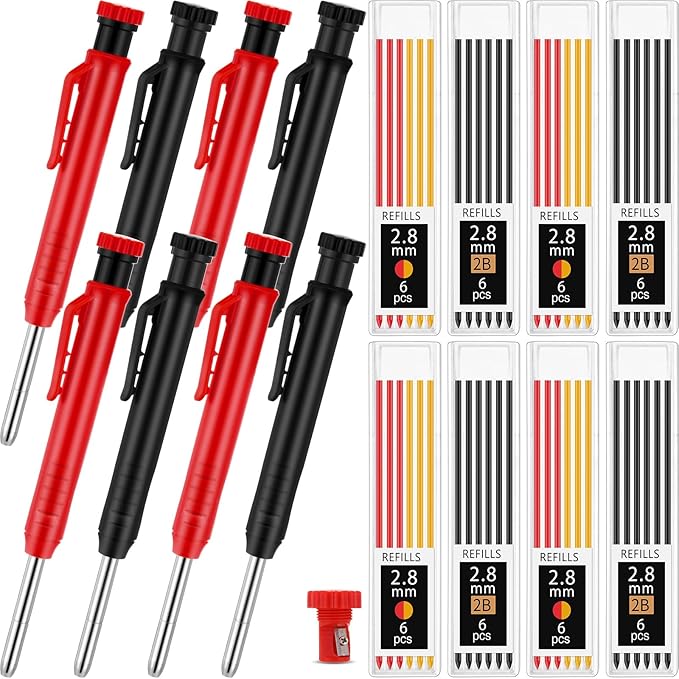8 pack 2.8mm Mechanical Carpenter Pencils with 48 Refills, Construction Pencils with Built-in Sharpener, Long Nib Deep Hole Marker, Heavy Duty Woodworking Tools (Black+red)-DeskLoop Office