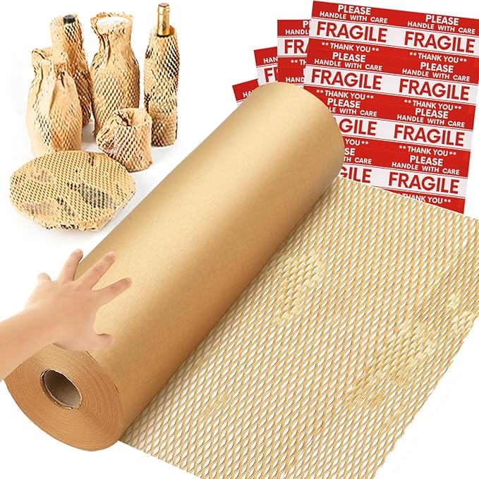 Honeycomb Packing Paper Wrap 15''x820', Substitute Alternative for Bubble Cushioning Wrap for Moving Shipping Packaging, Recyclable Moving Supplies with 48 Fragile Sticker Labels-DeskLoop Office