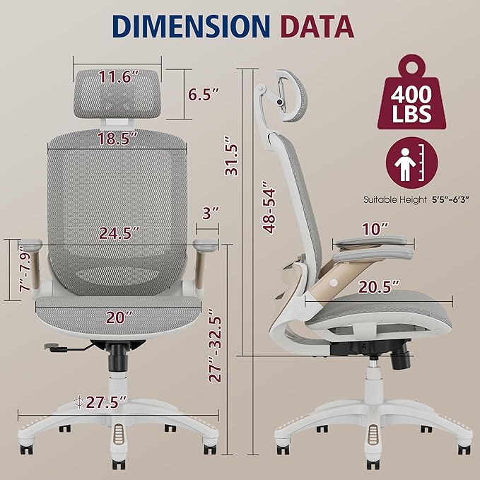 GABRYLLY Ergonomic Office Chair, High Back Home Desk Chair with Headrest, Flip-Up Arms, 90-120° Tilt Lock and Wide Cushion, Big and Tall Mesh Chairs for Man Woman, White Task Chair-DeskLoop Office