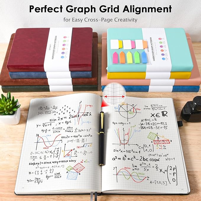 Graph Paper Notebook, 312 Numbered Pages B5 Hardcover Leather Journal, 100gsm No Bleed Grid Paper Notebook with Index Pages, Grid Notebook for Graphing Notes Math, 7.6'' X 10'', Black-DeskLoop Office