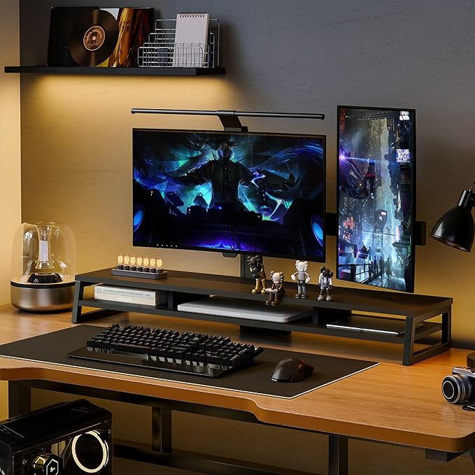 Fenge Dual Monitor Stand for Desk, 42.5in Large Monitor Riser for 2 Monitors, 2 Tier Computer Office Desk Top Shelf, Desktop Storage Stand for Laptop, PC, Computer, Printer-DeskLoop Office