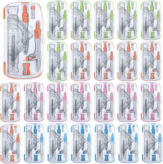 Teling 24 Sets Math Geometry Kit for Students 10 Pcs Compass Geometry Tools Set Includes Rulers Protractor Compass Eraser Pencil Sharpener Lead Refills Pencil (Multi Color)-DeskLoop Office