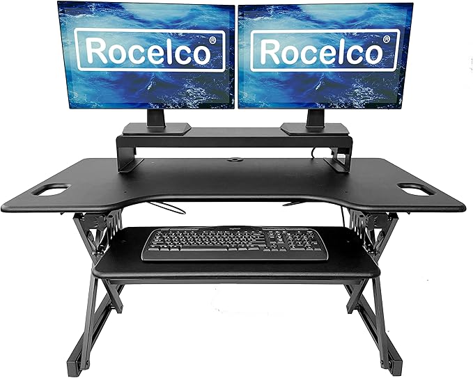 Rocelco 46" Large Height Adjustable Standing Desk Converter with Double Monitor Mount Stand BUNDLE - Quick Sit Stand Up Computer Workstation Riser - Retractable Keyboard Tray - Black (R DADRB-46-DMS)-DeskLoop Office