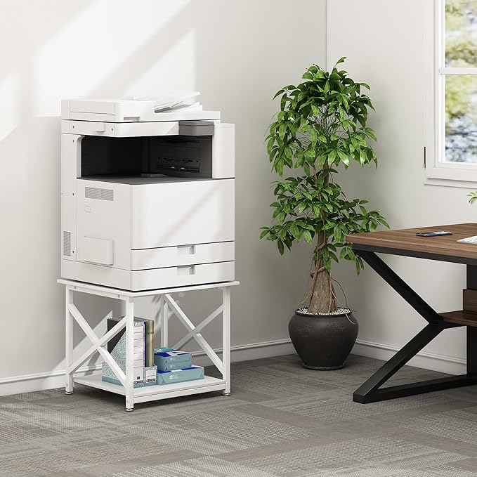 23.6 x 23.6 Inches Large Printer Stand, 2 Tier Square Printer Table with Storage Shelf for Home Office, Multi-use Rolling Cart with Wheels for Laser, 3D Printer and Mini Fridge - White-DeskLoop Office