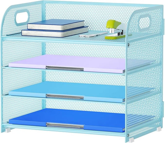 Marbrasse 4 Tier Paper Organizer Letter Tray - Mesh Desk File Organizer with Handle, Paper Sorter Organizer for Letter Office File Folder Holder (Blue, 12.6" x 9.1" x 10.7")-DeskLoop Office