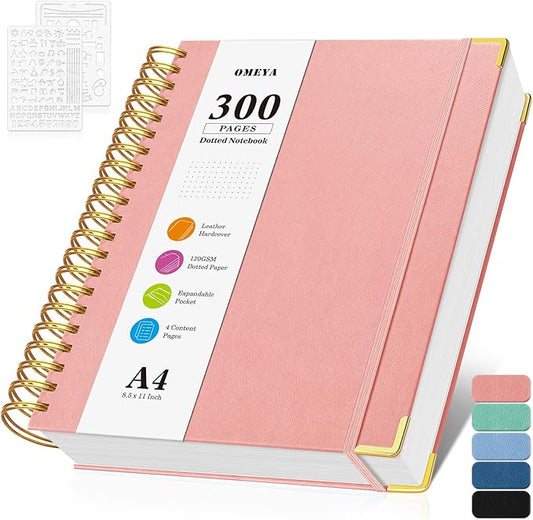 Bullet Dotted Journal Spiral Notebook, 300 Pages Leather Notebooks with Contens, 120 GSM Thick No Bleed Through Paper Journals, A4 Large Dot Grid Notebook for Women Men Work Writing, 8.5" x 11", Pink-DeskLoop Office