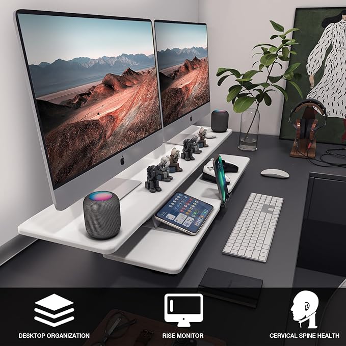 Dual Monitor Stand, 2-Tier Wood Monitor Riser with Storage Organizer and Cable Management, White-DeskLoop Office