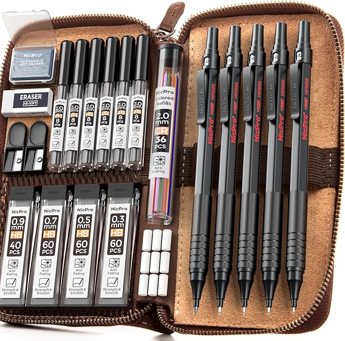 Nicpro 20PCS Black Metal Mechanical Pencil Set in Leather Case, Drafting Pencil 0.3, 0.5, 0.7, 0.9 mm & 2mm Lead Holders, 9 Tube (4B 2B HB 2H Colors) Lead Refills, Erasers For Art Sketching Drawing-DeskLoop Office