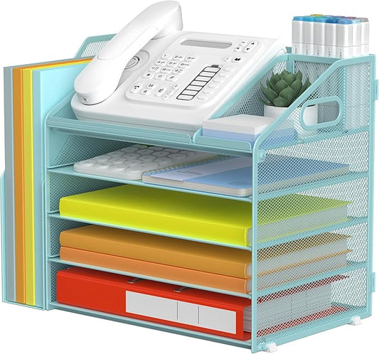 DocNest 5 Tier Paper Letter Tray File Organizer, Mesh Desk File with Handle, Workspace Desk Organizers with Pen Holder, Office Organization Storage Accessories - Blue-DeskLoop Office