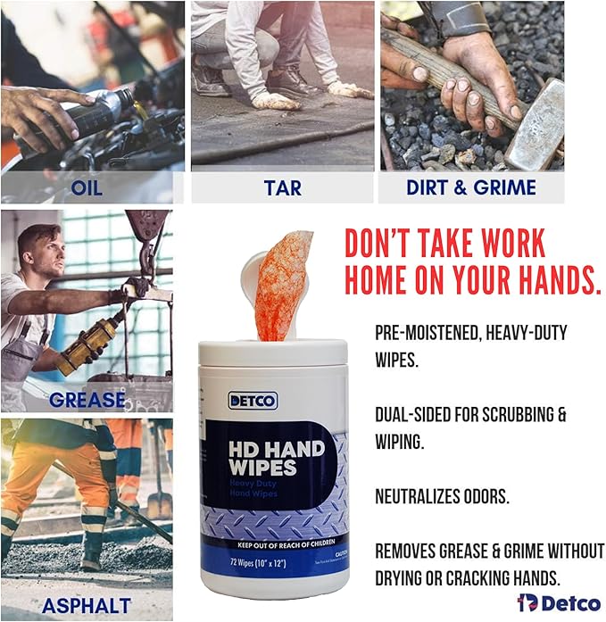 Hand and Tool Wipes, Heavy Duty Tool Cleaning Wipes, Hand Cleaning Wipes, Degreasing, Waterless Hand Cleaner, Dual Surface, Work Surface Wipes - 72 Count-DeskLoop Office