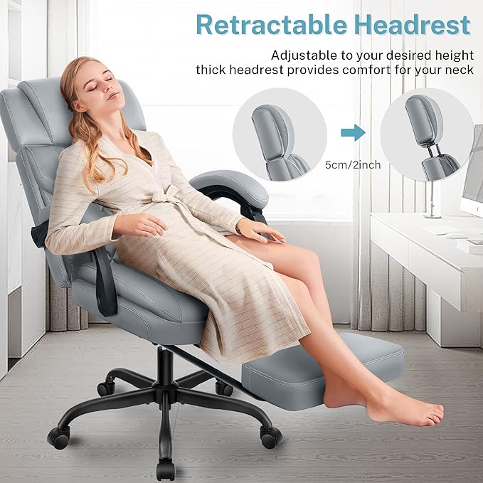 Executive Leather Office Chair, Big and Tall Desk Chair with Footrest Home Office Desk Chairs, Ergonomic Computer Desk Chair with Lumbar Support, Reclining Chair with Adjustable Angle-DeskLoop Office