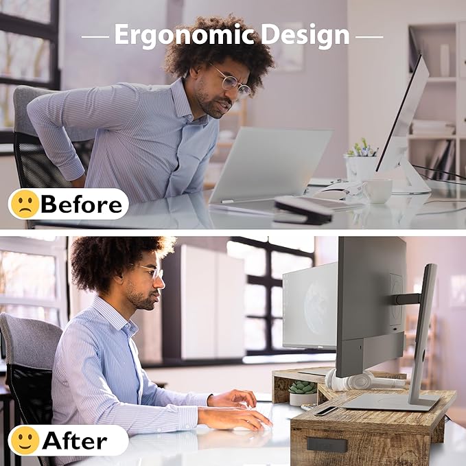 BONTEC Dual Monitor Stand Riser with Smartphone Holder, Adjustable Length & Swivel Angle, Ergonomic Wooden Desktop Organizer for PC Monitor, Laptop, Printer, Large Storage, Rustic Brown-DeskLoop Office