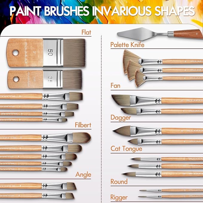 Fuumuui 26pcs Paint Brushes, Professional Acrylic Paint Brush Set Artists Complete Range of Sizes with Upgraded Short Handle Wide Flat & Palette Knife for Acrylic, Oil, Watercolor, Gouache-DeskLoop Office