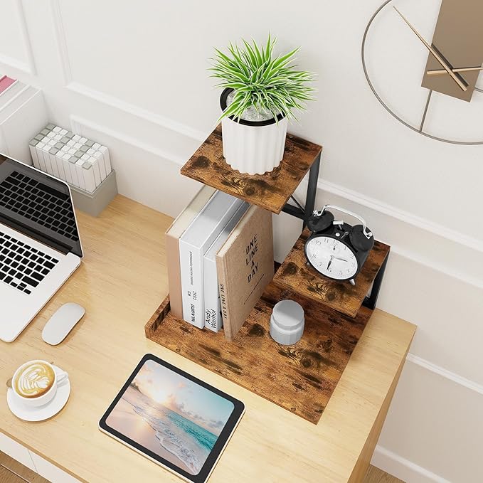 ELITEROO Desk Shelf Organizer, Wood Desktop Organizer Small Bookshelf, 3 Tier Storage Shelf Riser Display Stand for Office Decor and Desk Accessories, Rustic Brown Black-DeskLoop Office