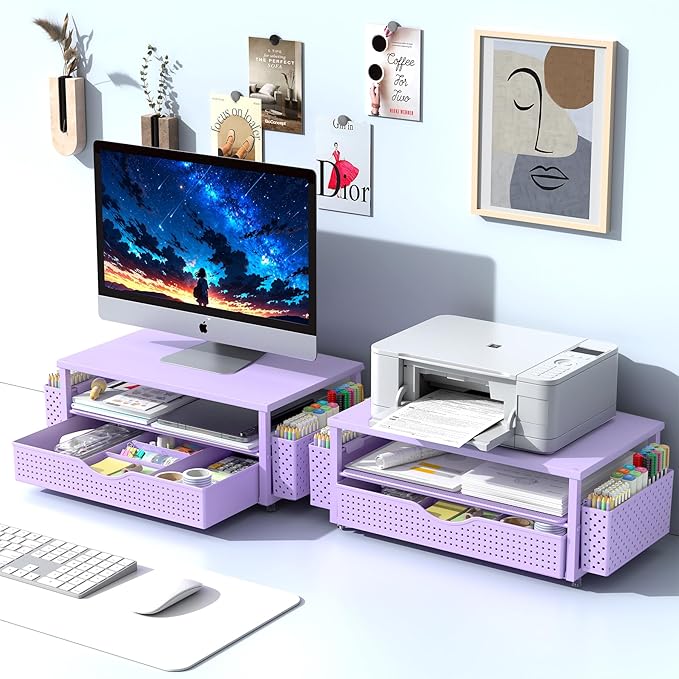 Desk Organizer and Accessories, Computer Monitor Stand Riser with Drawer and 2 Pen Holders, Office Desk Accessories & Workspace Organizers for Office Supplies (Purple)-DeskLoop Office