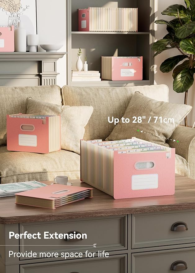 Accordion File Organizer, 26 Pockets Wheat Straw Expanding File Folders, Upright&Open Top, A-Z Bill Receipt Organizer, 100% BPA Free, Return to Nature, Healthy Living, Letter/A4 Size-Strawberry Pink-DeskLoop Office