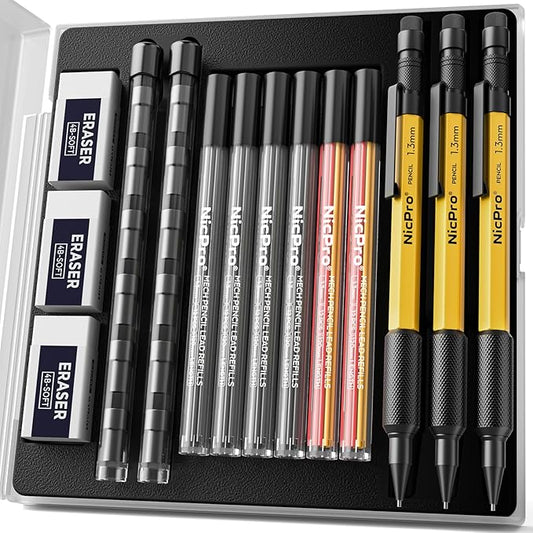 Nicpro 3 PCS 1.3 mm Mechanical Pencil Set with 72 Lead Refills, 3 Eraser - Weatherproof Metal Barrel, Heavy Duty Carpenter Pencil MP2000 for Outdoor Marking Drafting Drawing Woodworking - with Case-DeskLoop Office