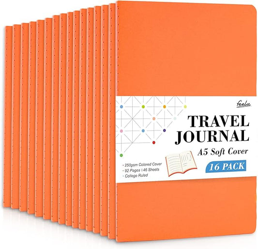 feela 16 Pack Soft Cover Journal Bulk, Lined Notebooks College Ruled for Work for Women Girl Writing, Blank Travel Journal Note Taking Notebook School Business Supplies, 8.2” x 5.5”, A5, Orange-DeskLoop Office