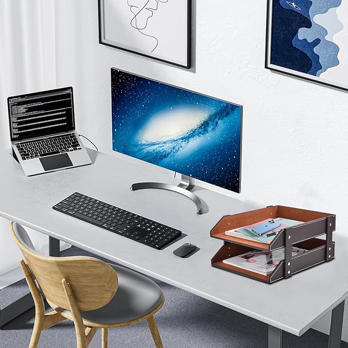 Leather Desk Organizer,2-Tier Stackable Letter Tray Holder,Office Supplies Desktop Storage Box for Document,Stationery,Magazines,Newspapers,Letters and Other Home Office Paper Sundries,Coffee-DeskLoop Office