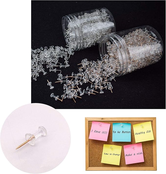 Clear Push Pins 600pcs Standard Thumb Tacks with Rose Gold Steel Point Transparent Plastic Head Pins for Hanging Photo Posters Craft Marking Map Wall Cork Board-DeskLoop Office