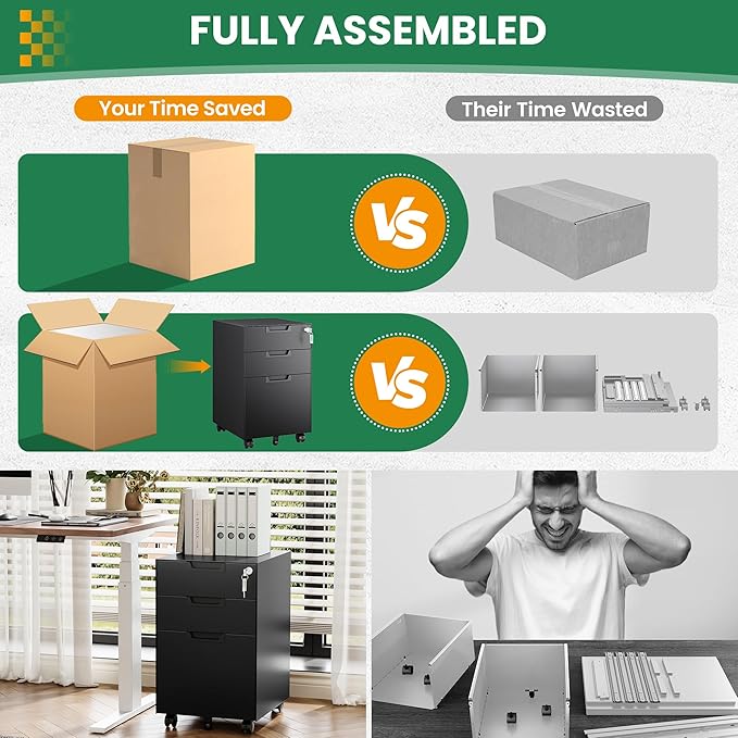 Mobile File Cabinet,3 Drawer Locking Storage Filing Cabinet,Office Metal Storage Cabinet on Wheels for Legal/Letter/A4 File(Fully Assembled,Black)
