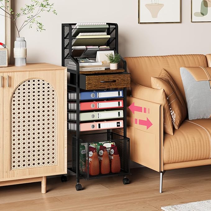 SWTYMIKI 10-Tier Rolling File Cart - Mesh Paper Organizer with Drawer and Hanging File Folders on Lockable Wheels, Wood Teacher Cart for Office Organization, Storage in Home, Studio, School, Espresso-DeskLoop Office