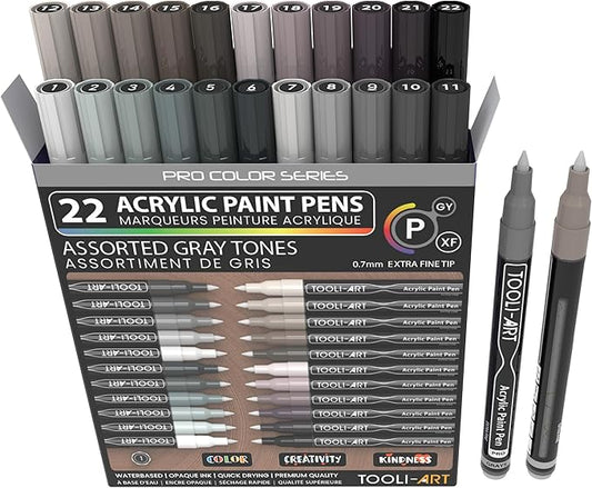 Acrylic Paint Pens 22 Gray Tones Assorted Pro Color Series Markers Set 0.7mm Extra Fine Tip for Rock Painting, Glass, Mugs, Wood, Metal, Canvas, Projects, Non Toxic, Waterbased, Quick Drying-DeskLoop Office