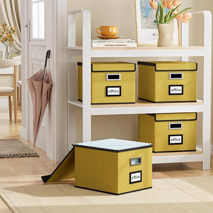 Huolewa Collapsible File Storage Organizer Box with Lid, Linen Document Storage Organization, Universal Hanging Filing Box for Letter/Legal Folder, Decorative Office/Home File Bins - yellow, box only-DeskLoop Office