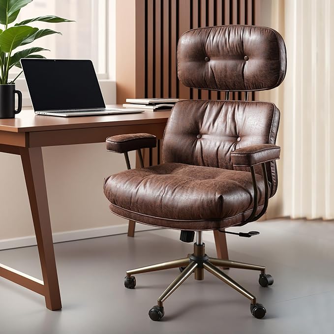 ovios Ergonomic Home Office Chair, Mid-Century Modern Faux Leather Chairs with Thickened Cushions, Comfy High Back Swivel Rolling Executive Computer Armchair (Dark Brown, Suede Leather)-DeskLoop Office