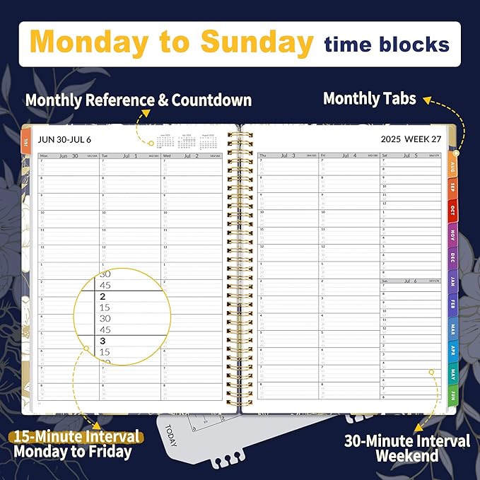 SUNEE 2025-2026 Appointment Book, Quarter-Hourly, Weekly & Monthly - from July 2025 to June 2026, 8.5"x11" Academic Planner, Flexible Cover, Note Pages, Bookmark, Spiral Binding, Vintage-DeskLoop Office