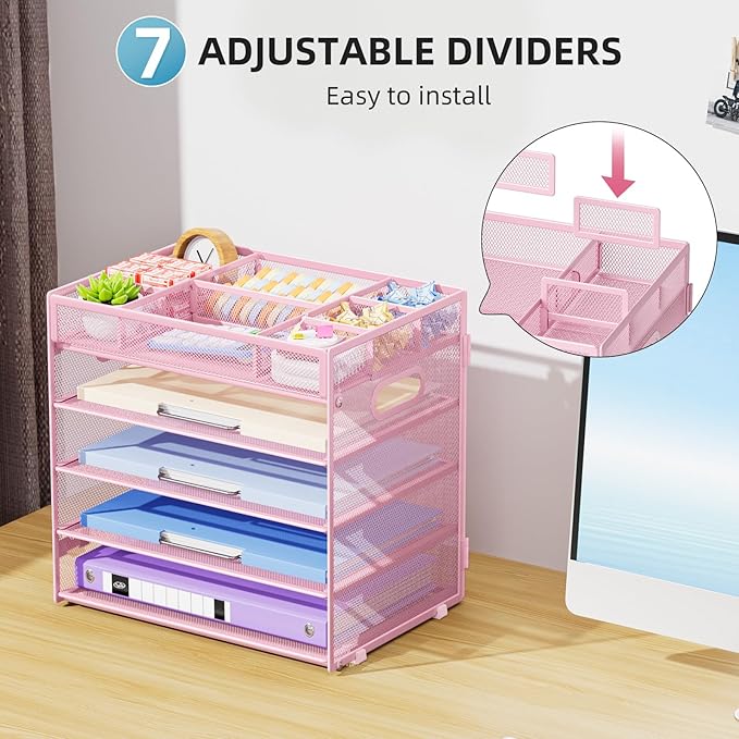 Marbrasse 5-Tier Letter Tray Paper Organizer with Handle, Multi-Functional Mesh File Organizer for Desk, Adjustable Compartments Mesh Desktop Storage for Office Supplies, Pink-DeskLoop Office